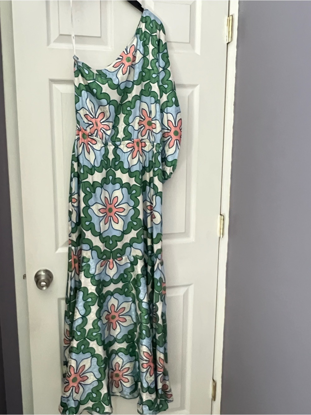 One-Shoulder Floral Maxi Dress in Green and Pink